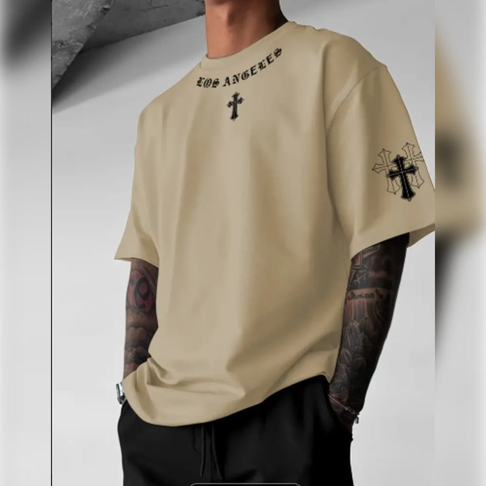 Camiseta Masculina de Rua com Estampa Gráfica LOS ANGELES - Roxo Lavanda Letras em Destaque, Ajuste Solto Gola Redonda