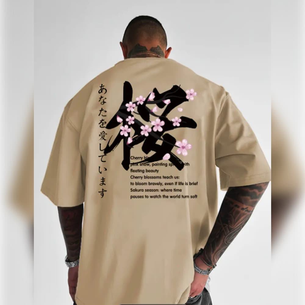 T-shirt gráfica de flores de cerejeira japonesa para homem - Casual de corte solto com gola redonda e manga curta com e