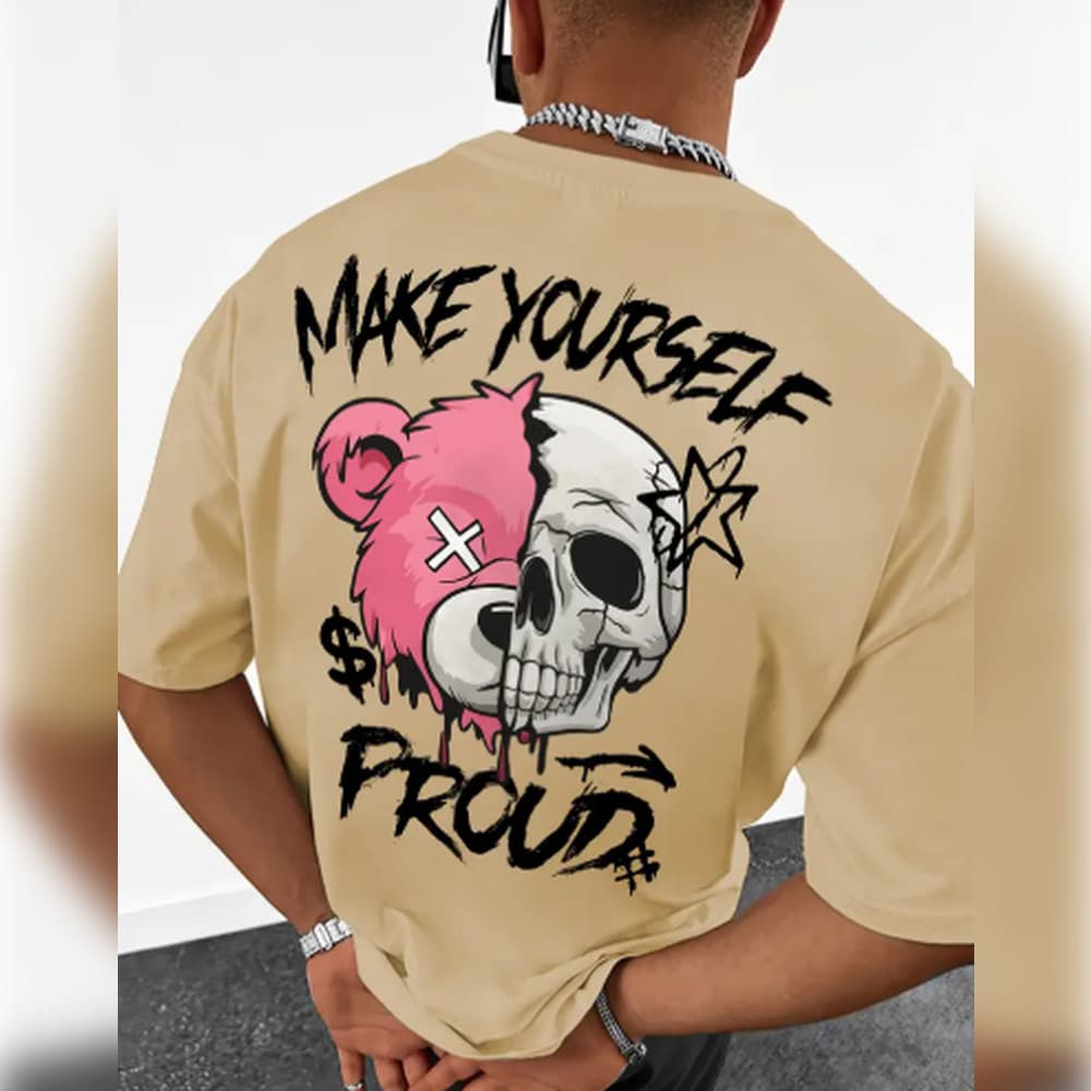 Camiseta Masculina de Streetwear com Estampa "Make Yourself Proud" - Design de Urso e Caveira Dividido, Ajuste Solto, M