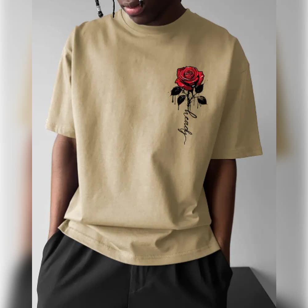 Camiseta de Manga Curta de Streetwear "Rose" para Homens - Corte Solto Confortável, Gola Redonda, Tecido Elástico, Cami