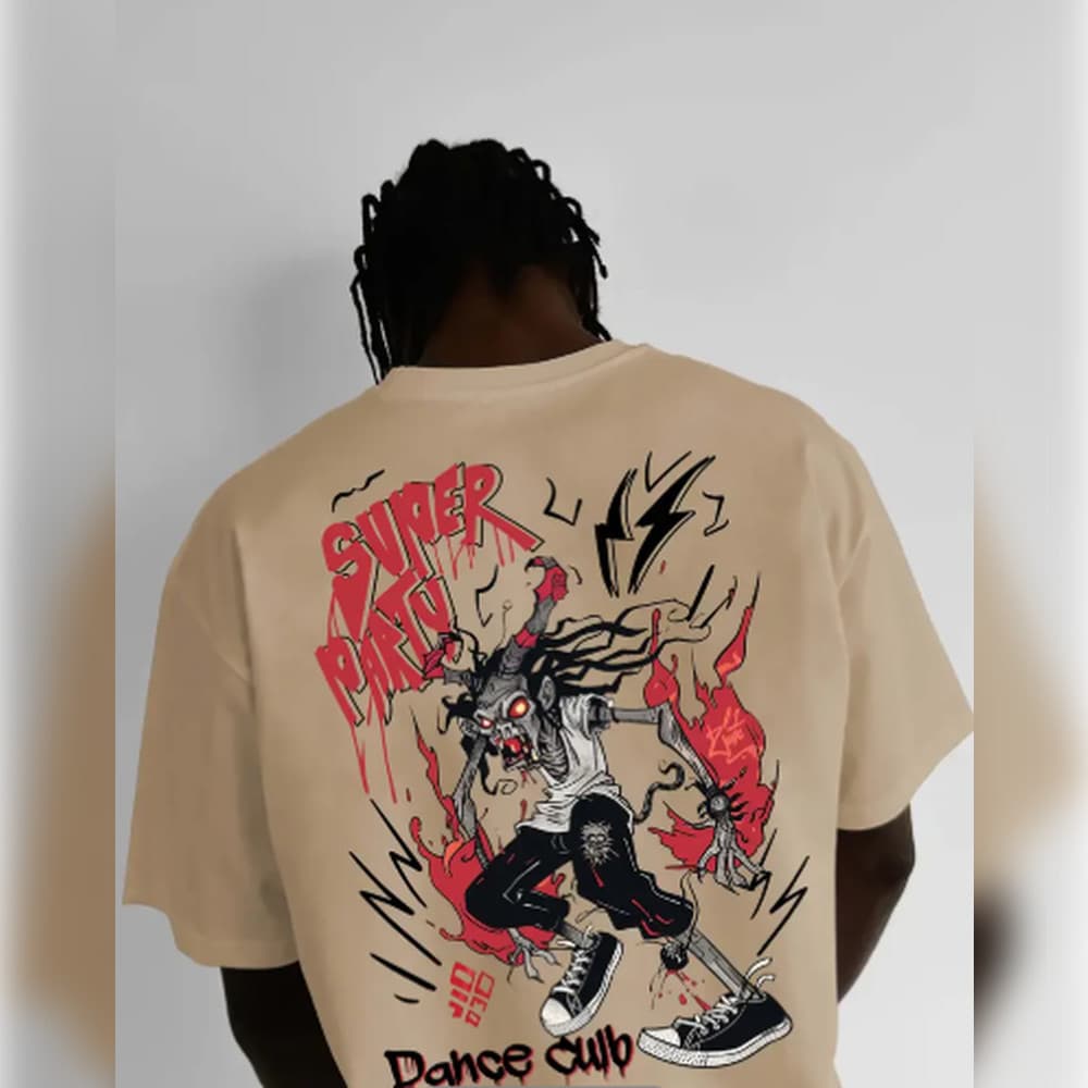 Camiseta Masculina Preta com Estampa Gráfica - Modelo Solto Streetwear com Letras Vermelhas "SUPER PARTY", Design na Pa
