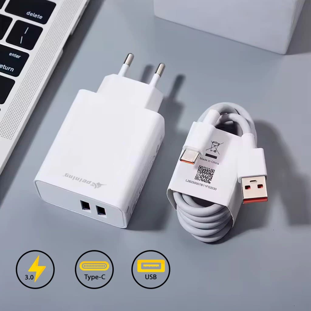Kit Carregador 6A Turbo 2 Portas USB + Cabo Tipo-C para iPhone 15/ iPhone 16/ iPhone 17 Todos Modelos