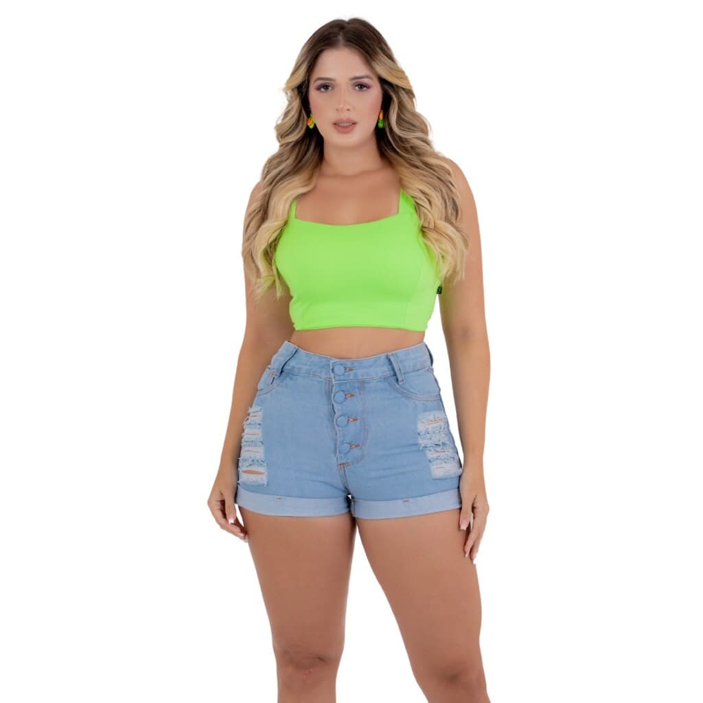 Short Feminino Jeans Cós Alto Claro com 4 botões Destroyed,Marquezne Store