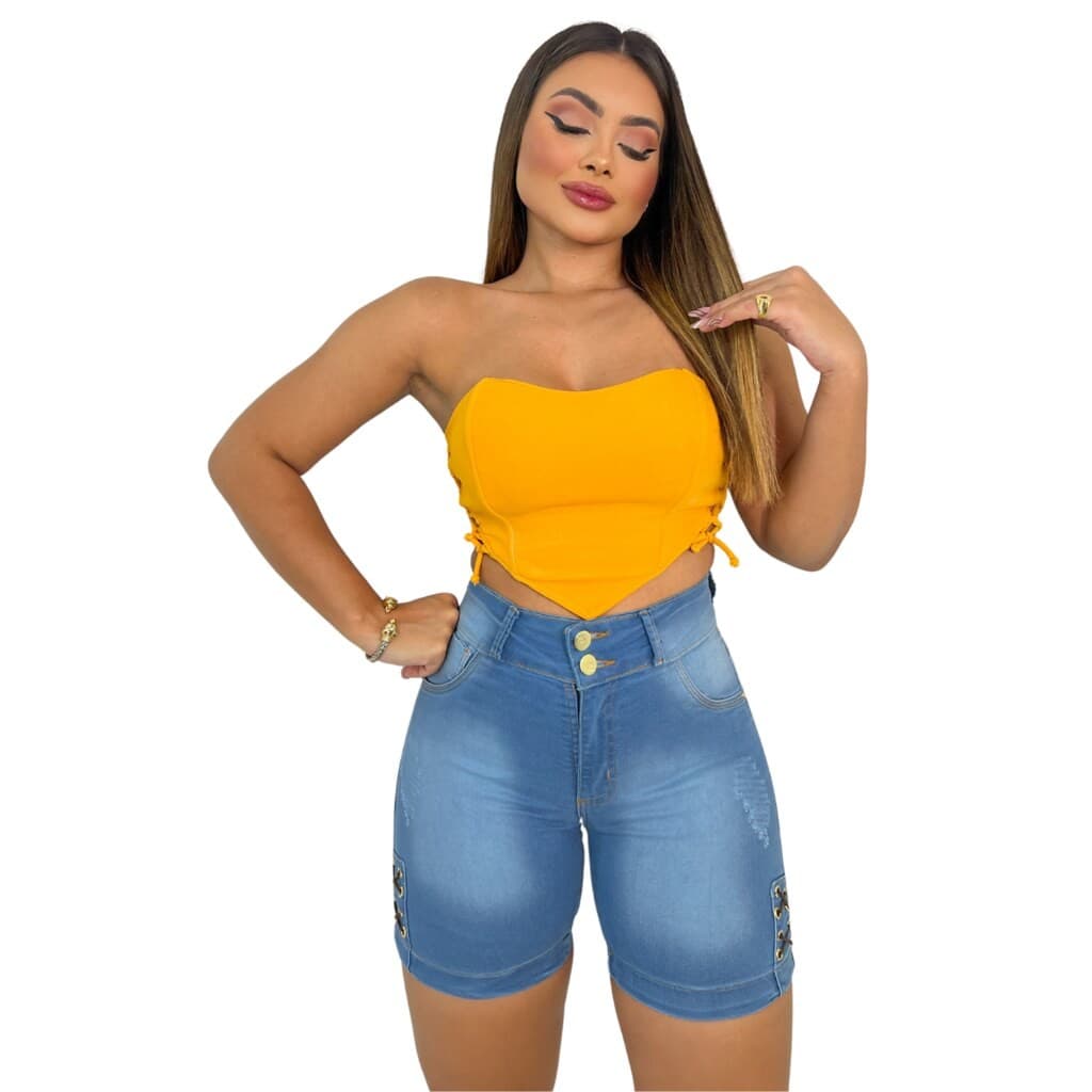 Short Feminino Jeans c/ Ilhós Ciclista Claro,Marquezne Store