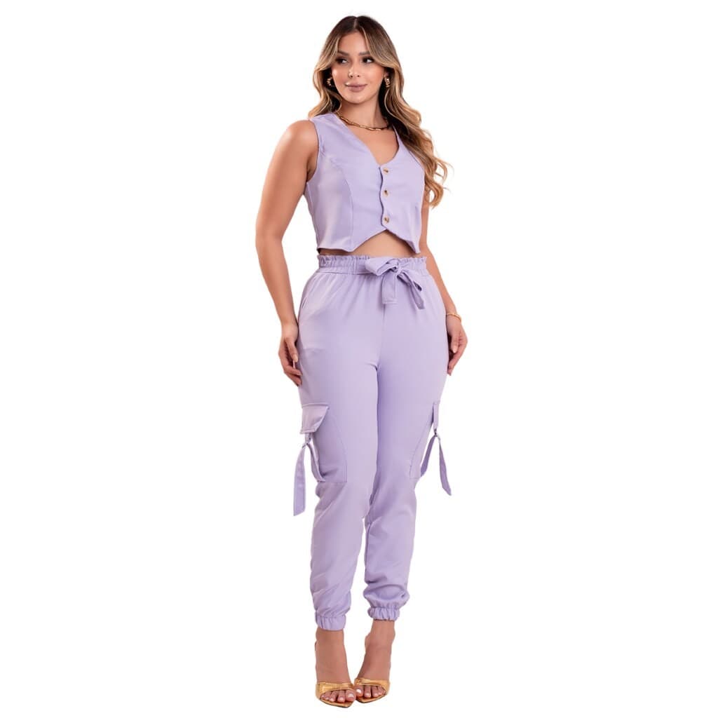 Conjunto de Alfaiataria Lilás Cropped com Botão e Calça,Marquezne Store