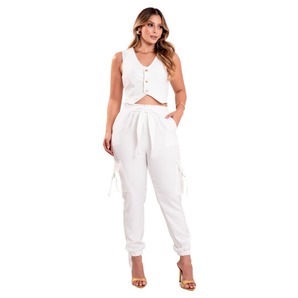Conjunto de Alfaiataria Branco Cropped com Botão e Calça,Marquezne Store