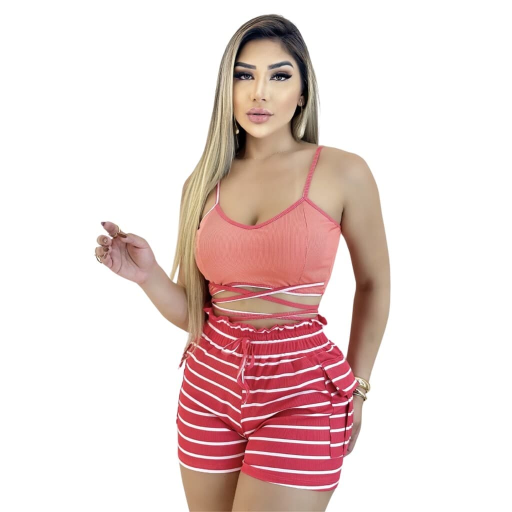 Conjunto Feminino Top e Short Cintura Alta Listrado Rosa Ajustável Modela o Corpo, Marquezne Store