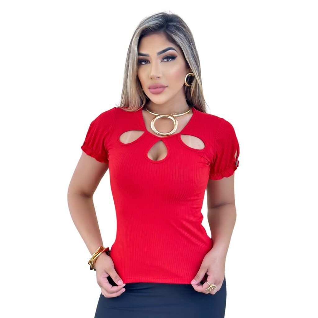 Blusa Feminina Vermelho com Recortes e Detalhes na Manga, Marquezne Store