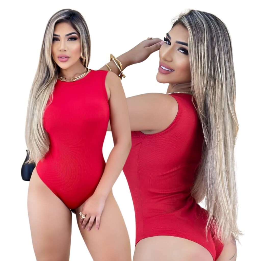 Body Feminino Malha Ribana Vermelho Regata Lisa, Marquezne Store