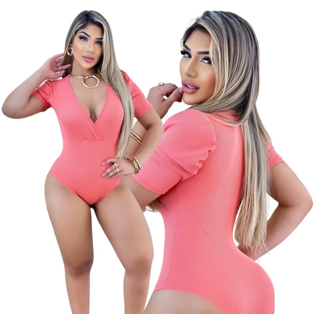 Body Feminino Malha Ribana Salmão Decote em V, Marquezne Store