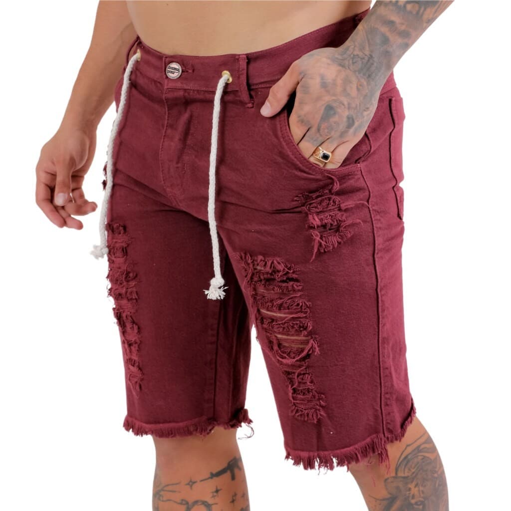 Bermuda Masculina Jeans Destroyed Cor vinho,Marquezne Store