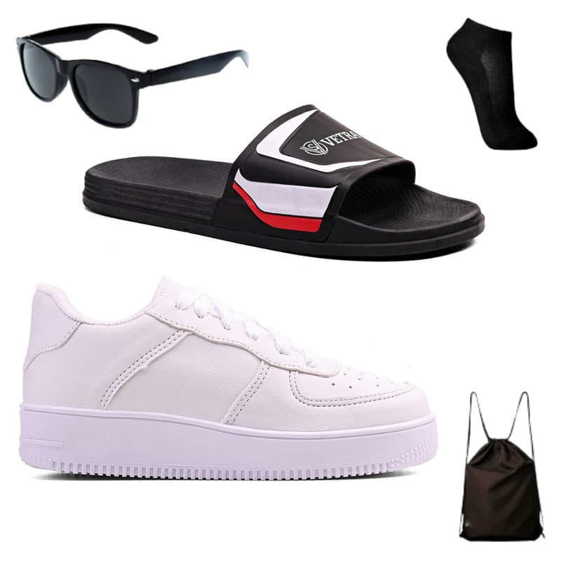 Kit Infantil com Tênis Casual Básico + Chinelo Slide Leve e Macio + Óculos Escuros + Meia e Mochila Bag