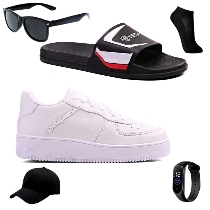 Kit com Tênis Infantil Casual + Slide Macio e Leve + Relógio + Óculos + Boné Meninos e Meia