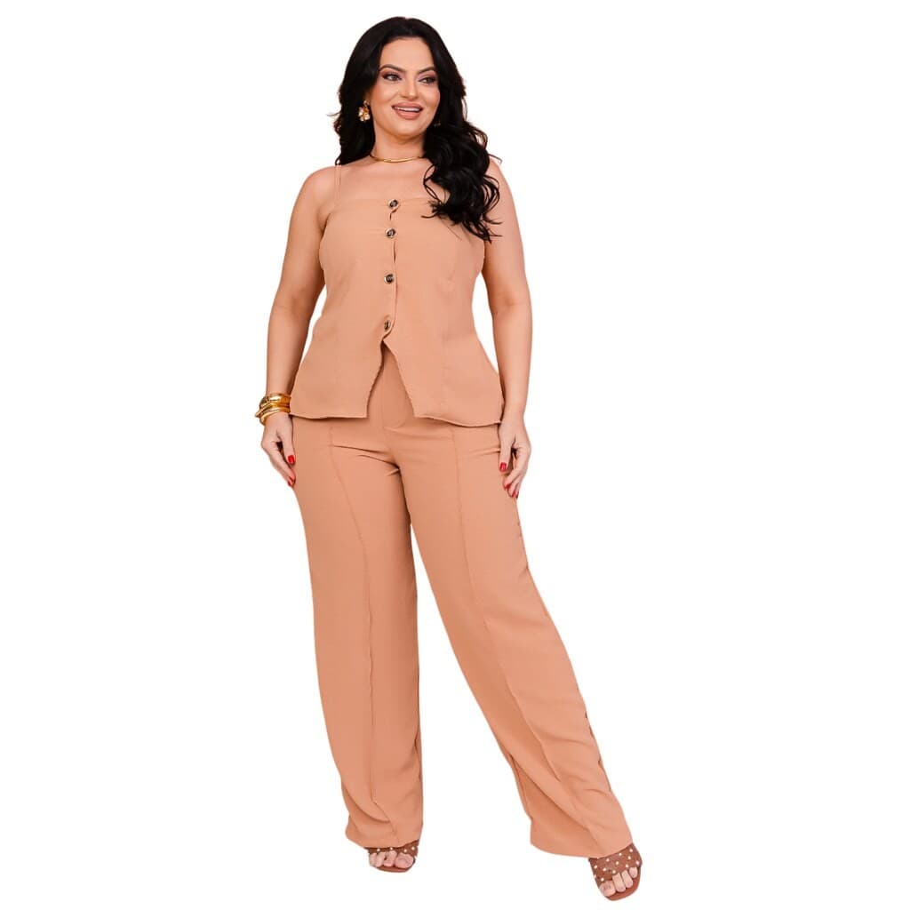 Conjunto Alfaiataria Feminino Caramelo,  Blusa c/Alcinha + Calça c/Bolso, Loja Rose
