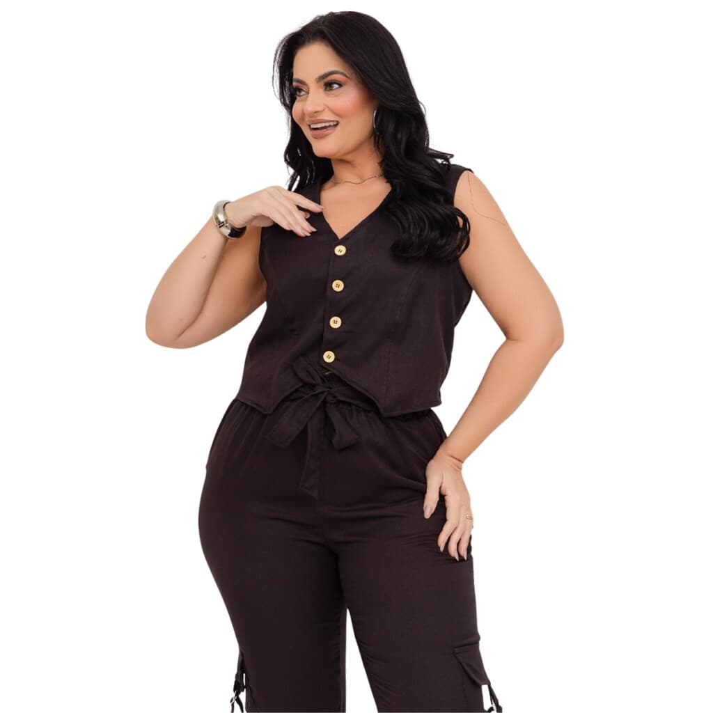 Conjunto Alfaiataria  Preto Colete e  Calça Jogger , 96% Poliéster e  4% Elastano, Loja Rose