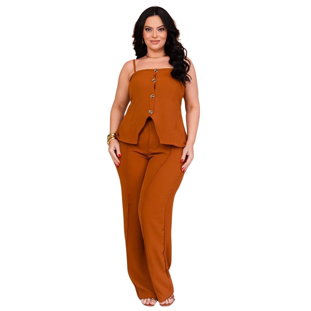 Conjunto Alfaiataria Feminino Telha, Blusa c/Alcinha + Calça c/Bolso, Loja Rose