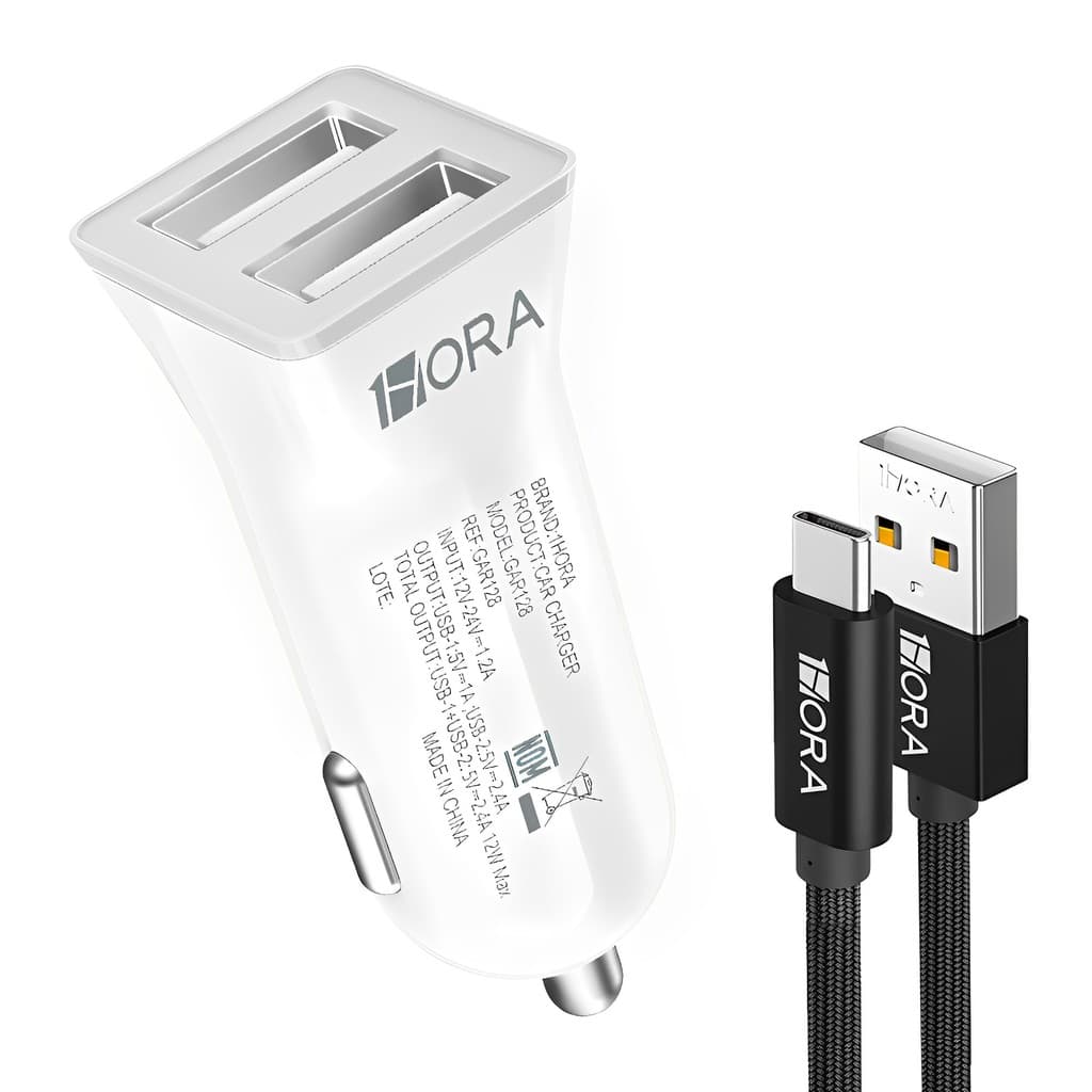 Carregador Usb 1Hora Usb A 2.4A Carro Branco + Cabo Usb A/C (K-6591-5868)