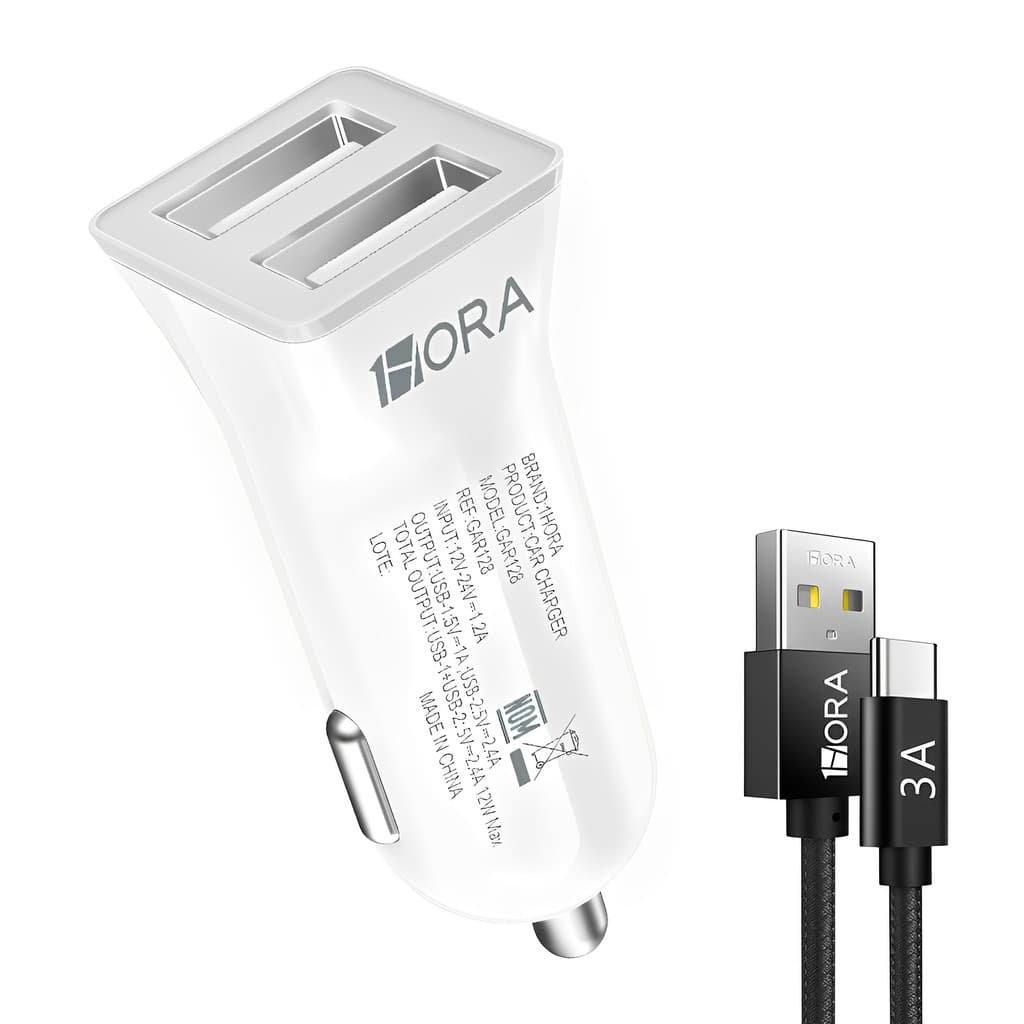 Carregador Usb 1Hora Usb A 2.4A Carro Branco + Cabo Usb A/C (K-6591-5872)