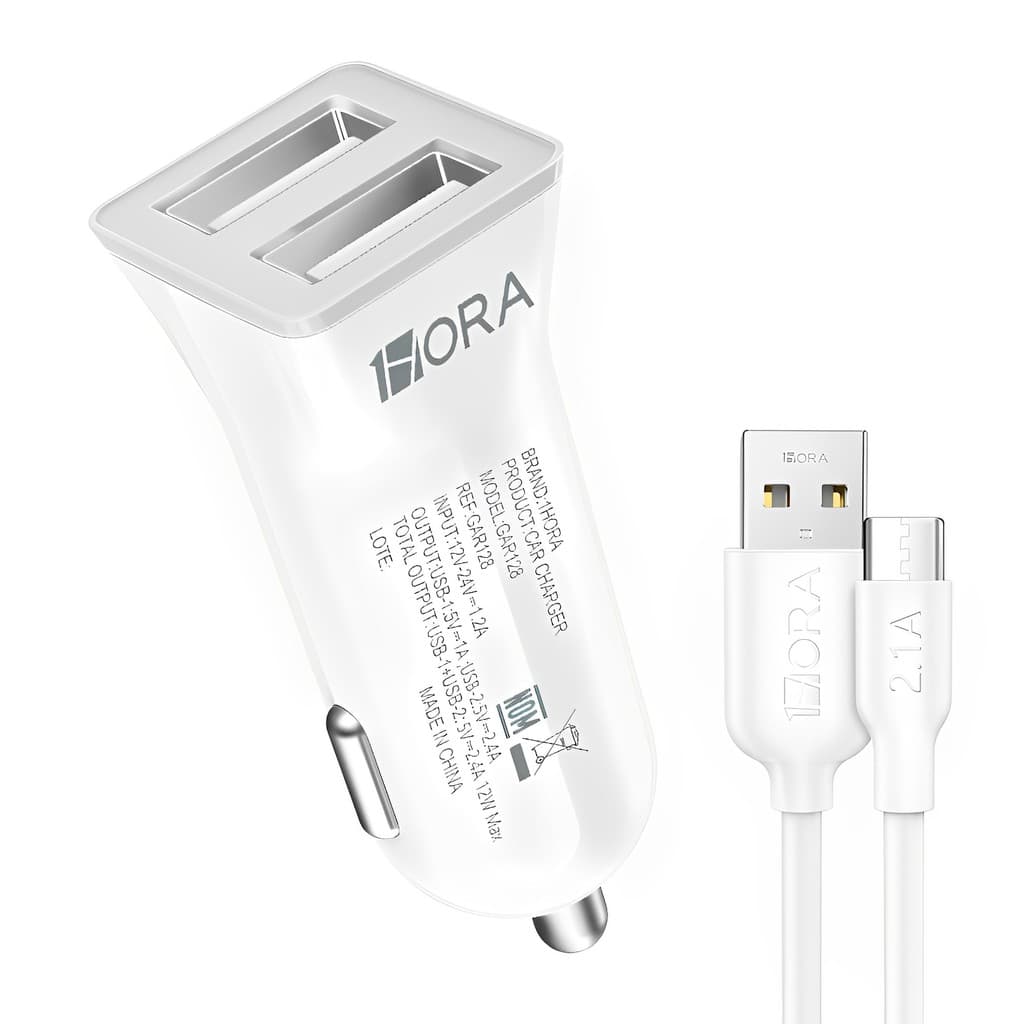 Carregador Usb 1Hora Usb A 2.4A Carro Branco + Cabo Usb A/C (K-6591-5876)