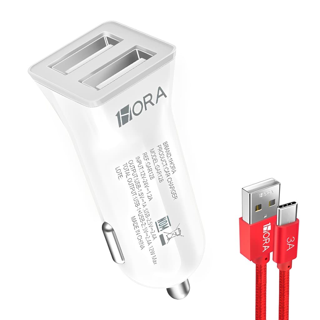 Carregador Usb 1Hora Usb A 2.4A Carro Branco + Cabo Usb A/C (K-6591-5877)