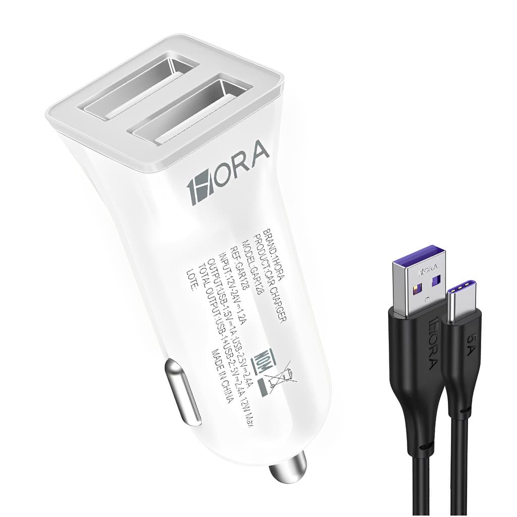 Carregador Usb 1Hora Usb A 2.4A Carro Branco + Cabo Usb A/C (K-6591-5881)