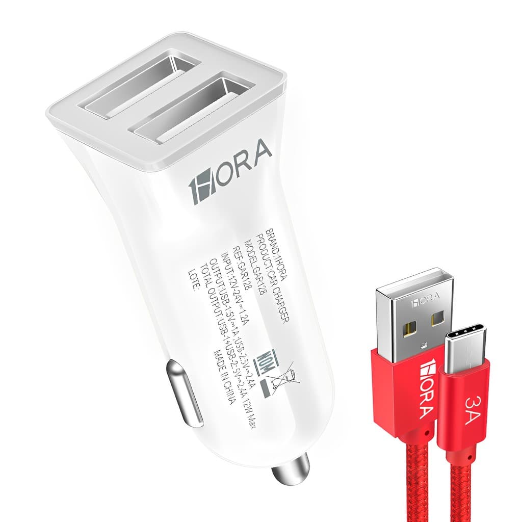 Carregador Usb 1Hora Usb A 2.4A Carro Branco + Cabo Usb A/C (K-6591-5884)