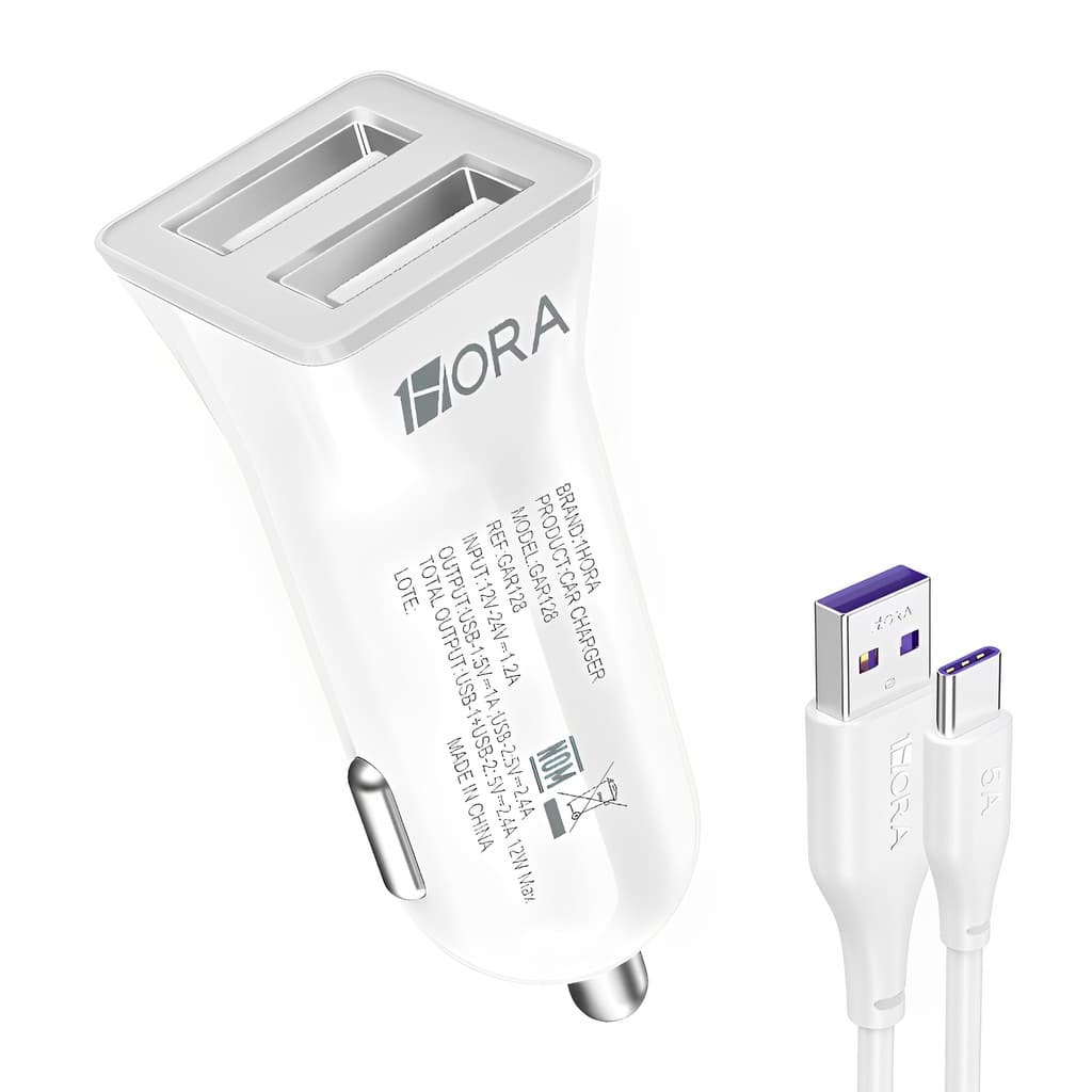 Carregador Usb 1Hora Usb A 2.4A Carro Branco + Cabo Usb A/C (K-6591-5989)