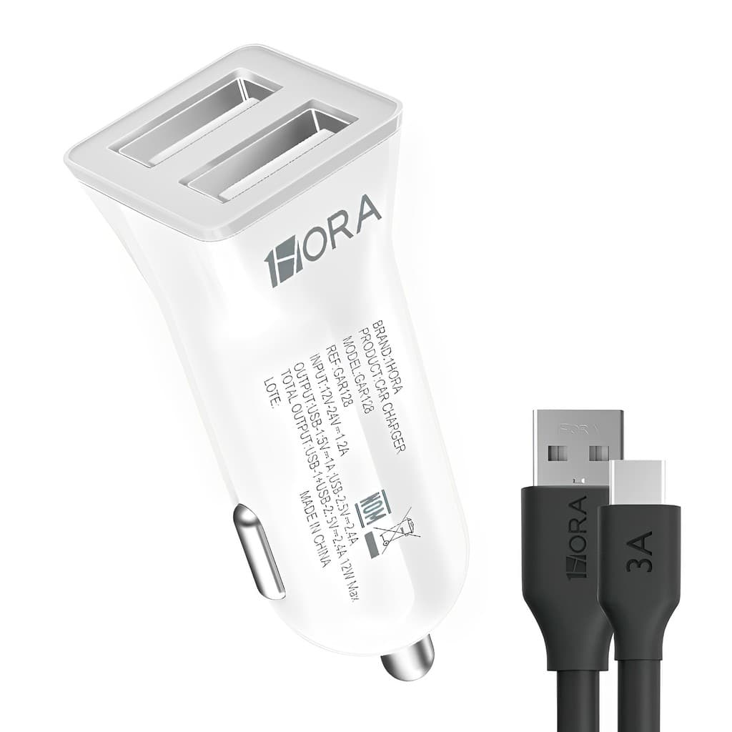 Carregador Usb 1Hora Usb A 2.4A Carro Branco + Cabo Usb A/C (K-6591-5887)
