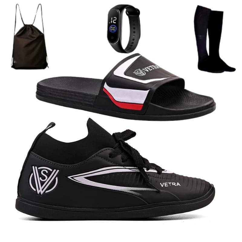 Kit Completo para Futsal com Chuteira Indoor + Chinelo Slide Macio + Mochila Bag e Meião Infantil