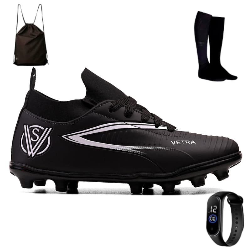 Kit Completo para Futebol de Campo: Chuteira Infantil Meninos Macia + Meião, Mochila e Bag