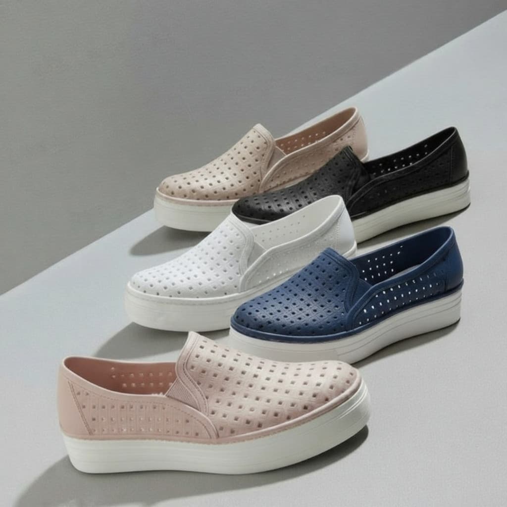 Tênis Slip On Feminino Plataforma Perfurado — Casual Confortável (Preto / Rosa / Azul Marinho / Branco / Bege)