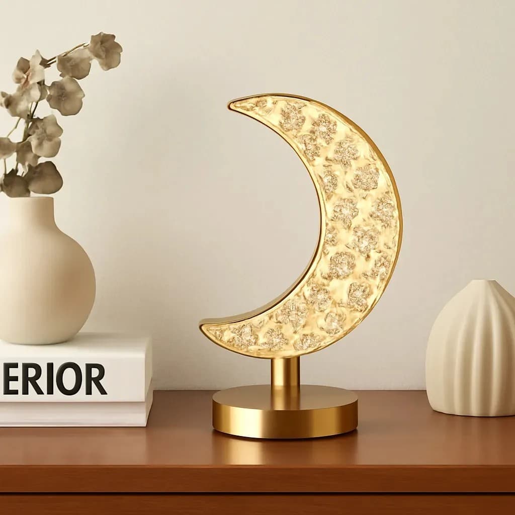 Mini Luminária Led De Mesa Usb Formato Lua Toque Sensor Decorativa Escritório Sala Quarto Dourada