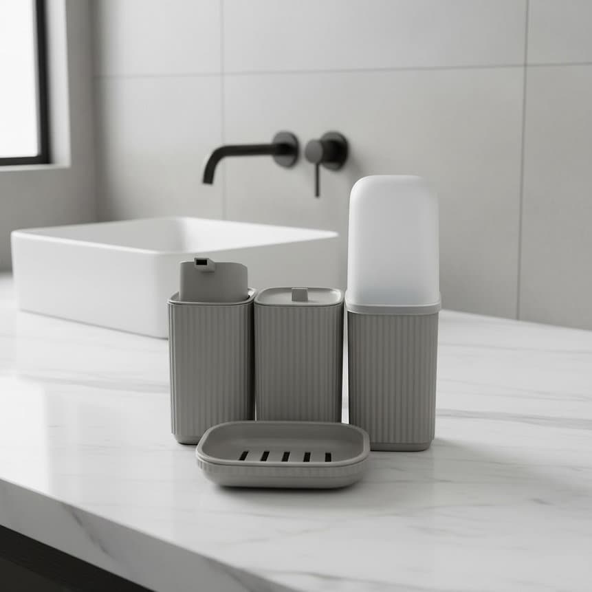 Kit Completo Banheiro 4 Peças , Saboneteira e Porta Sabonete Líquido, Escova e Algodão