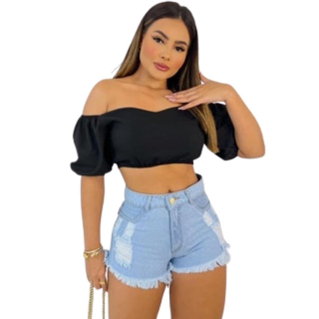 Short Feminino Jeans Azul Claro Barra Desfiada c/ Detalhes Destroyed,MODA.POINT