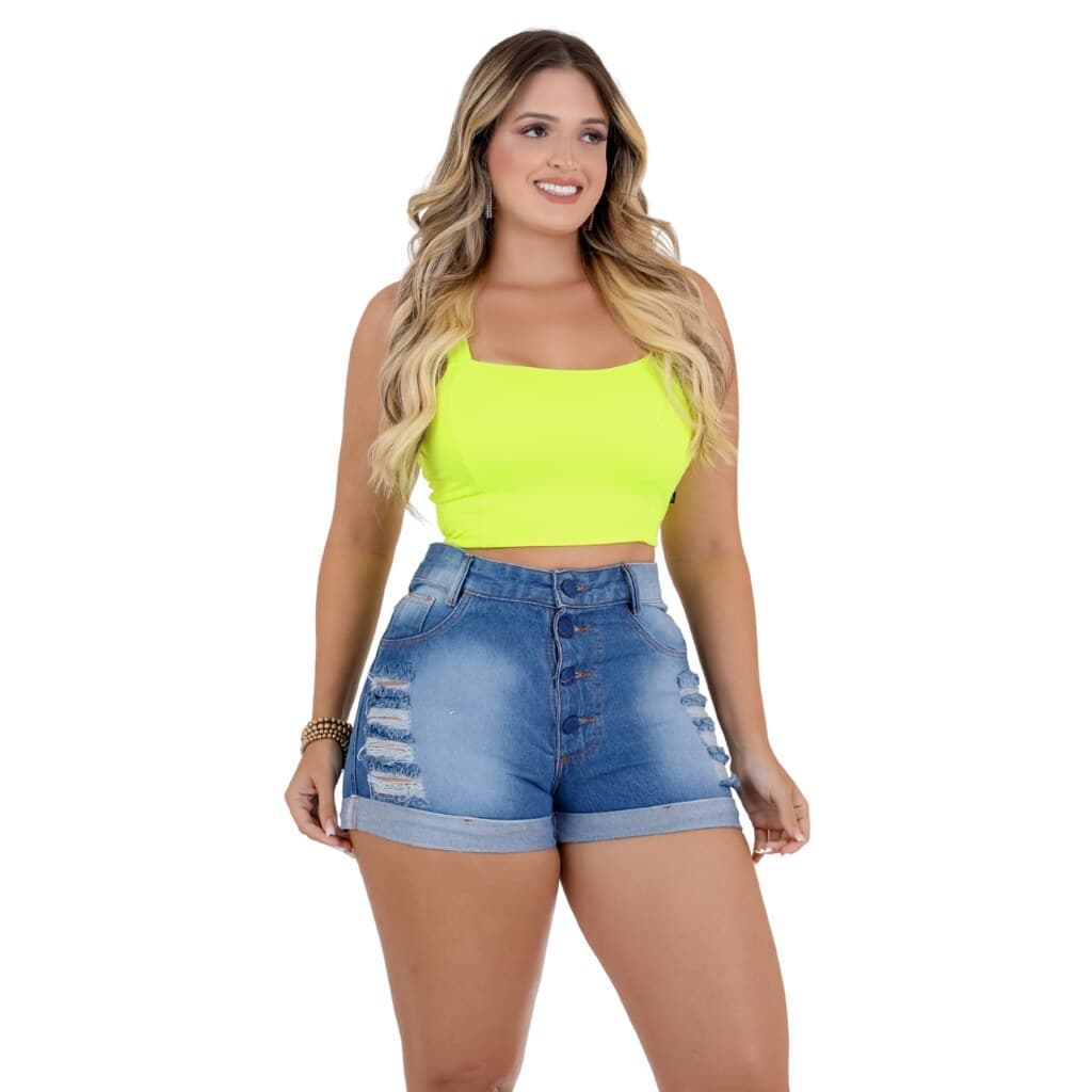 Short Feminino Jeans Soft Bermuda Cintura Alta Barra Dobrada Empina Bumbum, Moda.Point