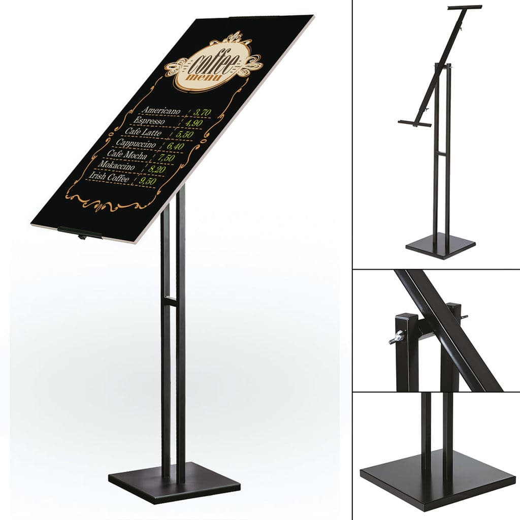 Porta Cartaz Cardápio Menu Expositor Com Pedestal Ajustável Preto Branco Dourado