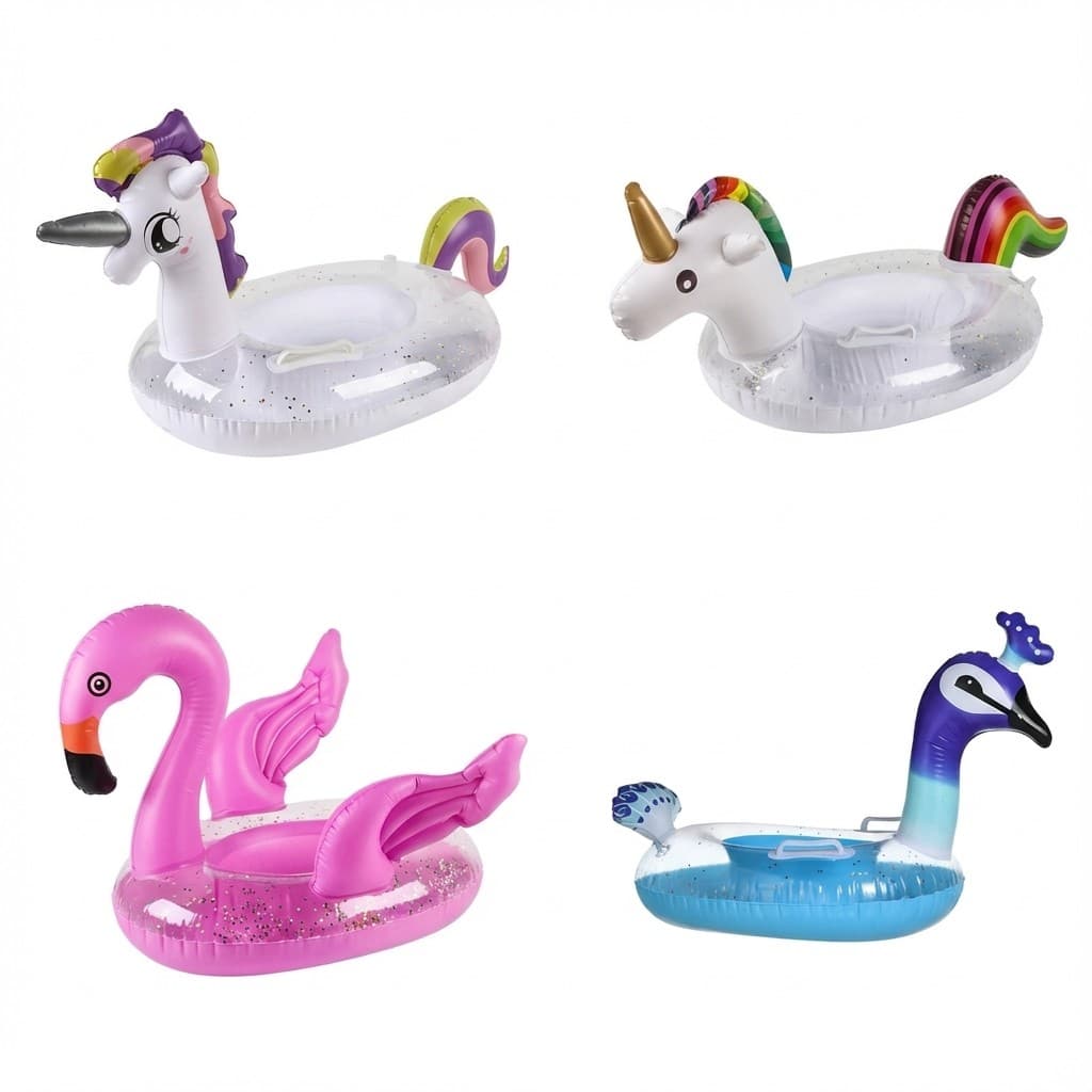 Bóia Infantil Inflável Assento Unicórnio Flamingo Pavão Brinquedo de Verão para Piscina com Glitter