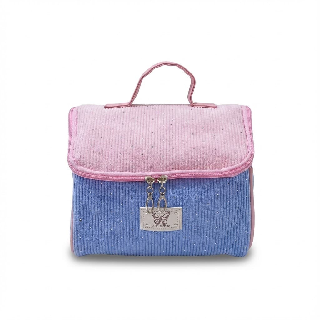 Necessaire Feminina Grande 21cm Para Viagem com Alça Bolsa Organizadora de Maquiagem em Veludo Cotelê Color Block