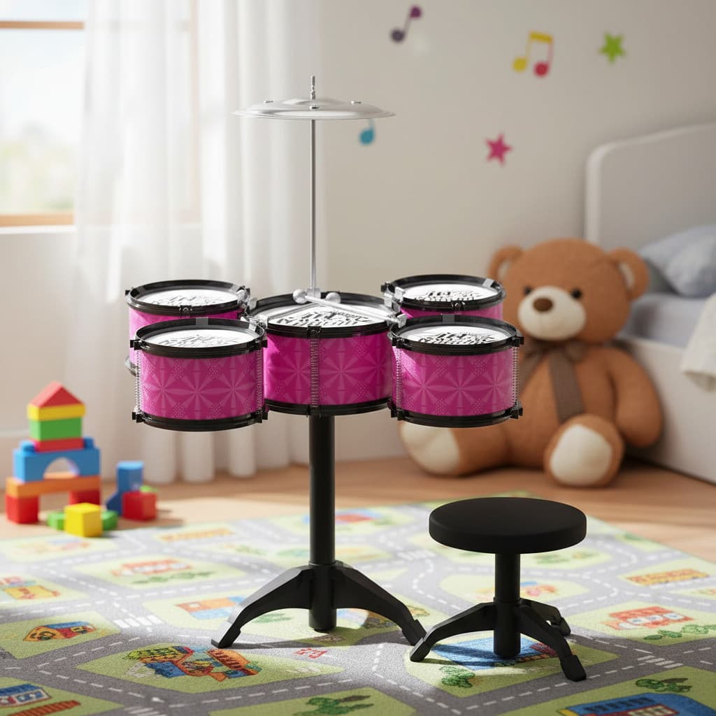 Bateria Infantil Com Banquinho Prato E Baqueta De 50cm Rosa