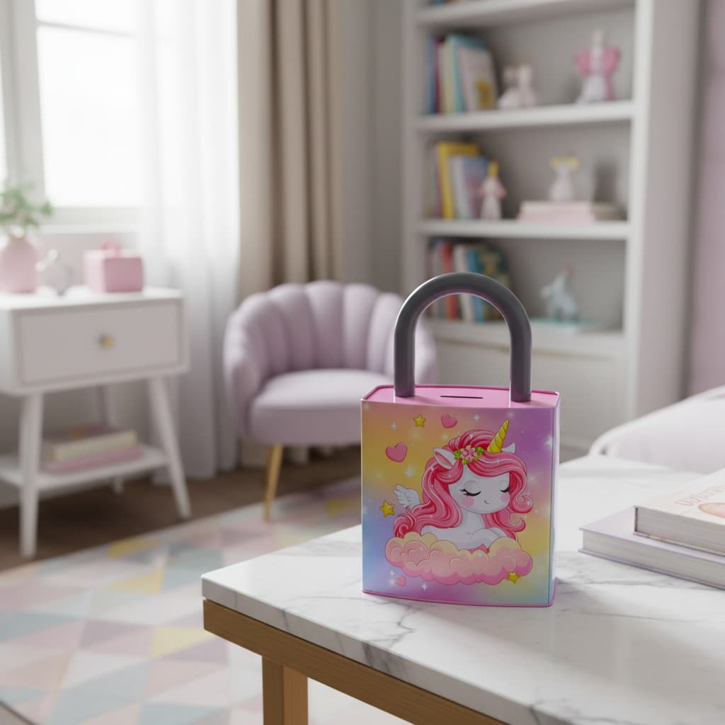 Cofre Cofrinho De Metal Infantil De Cadeado Unicórnio 26cm Rosa