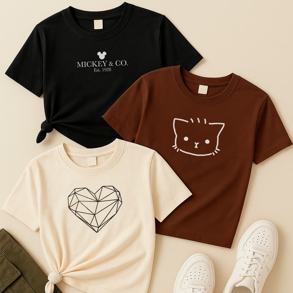 Kit com 3 camisetas femininas Mickey & Co, Gatinho e Coração Geométrico