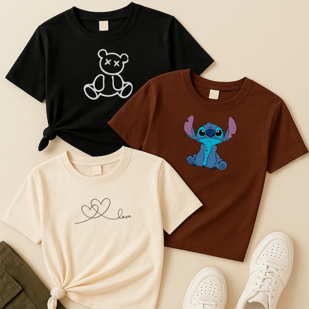 Camiseta kit3 Urso Sentado, Stitch e Love Coração