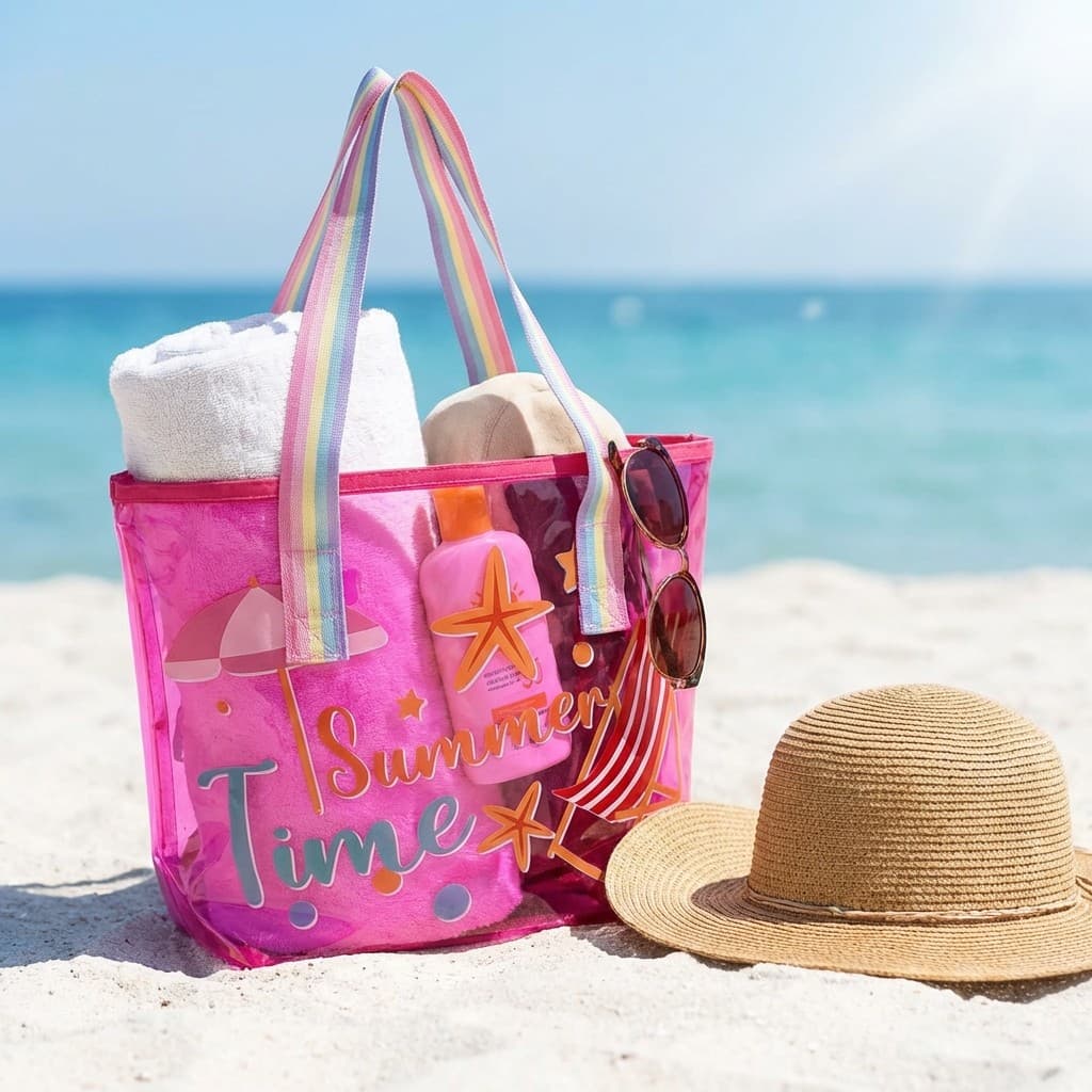 Bolsa De Praia Transparente Pvc Grande Impermeável Infantil Com Zíper Alça Colorida Para Viagem E Piscina 30x24cm