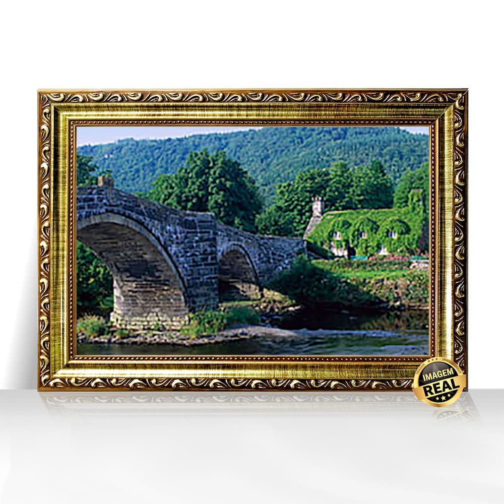 Quadro Decorativo A3 Casa na Natureza com Ponte Montanhas e Água Moldura Trabalhada
