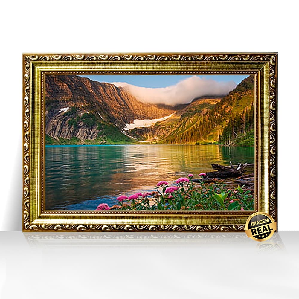 Quadro Decorativo A3 Lago ao Pôr do Sol com Rochas e Montanhas Moldura Trabalhada