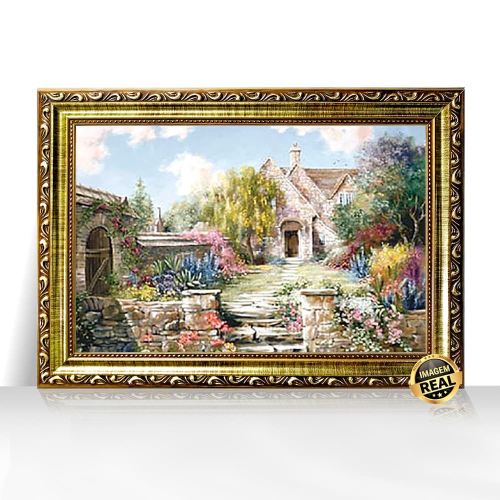 Quadro Decorativo A3 Casa de Campo com Jardim Degraus e Flores Moldura Trabalhada