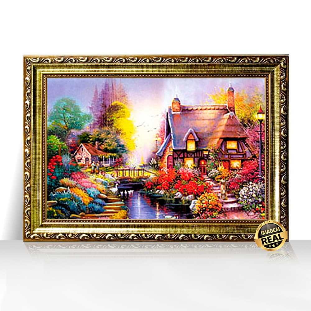 Quadro Decorativo A3 Campo Tranquilo com Luzes Cisnes e Riacho Moldura Trabalhada