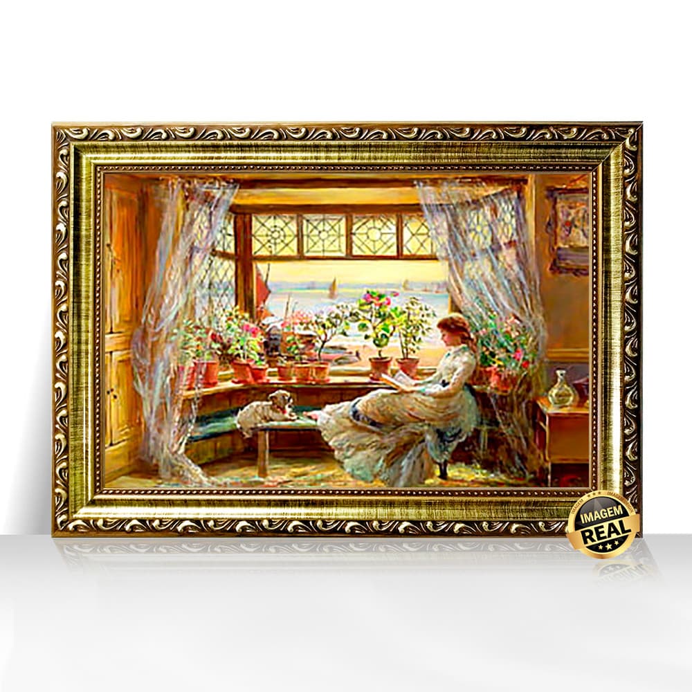 Quadro Decorativo A3 Leitura à Janela Cena Aconchegante com Cachorro Moldura Trabalhada