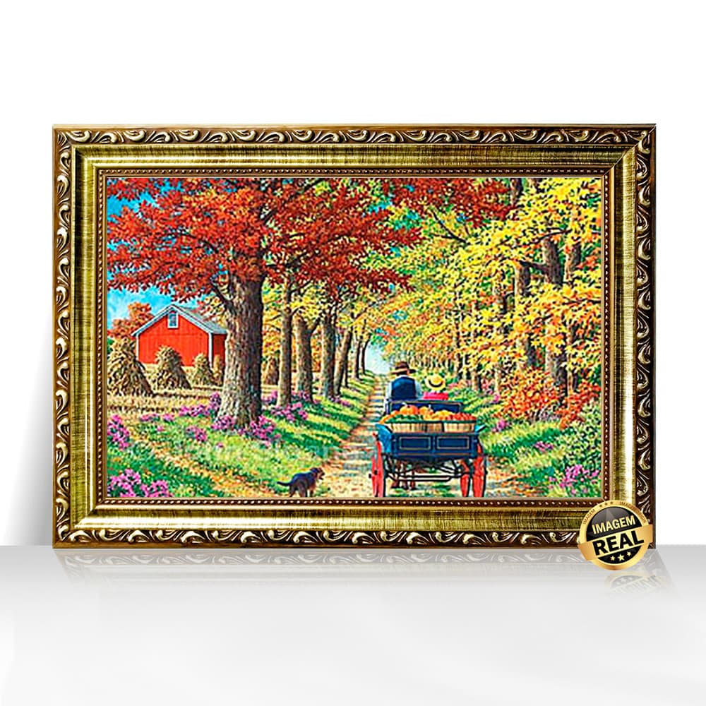 Quadro Decorativo A3 Alameda Sombreada Cena Rural com Cavalo Moldura Trabalhada