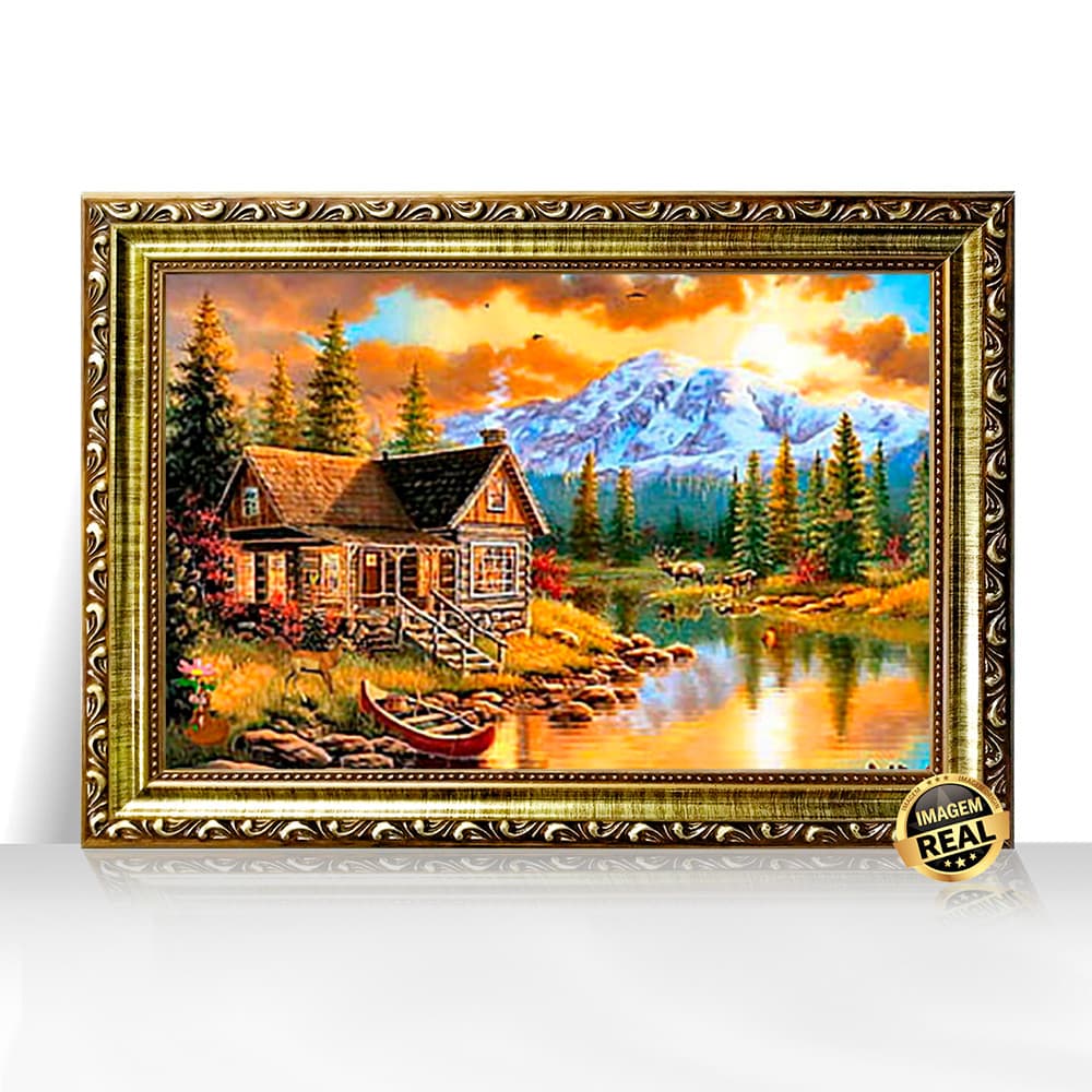 Quadro Decorativo A3 Paraíso Suburbano com Riacho e Flores Moldura Trabalhada